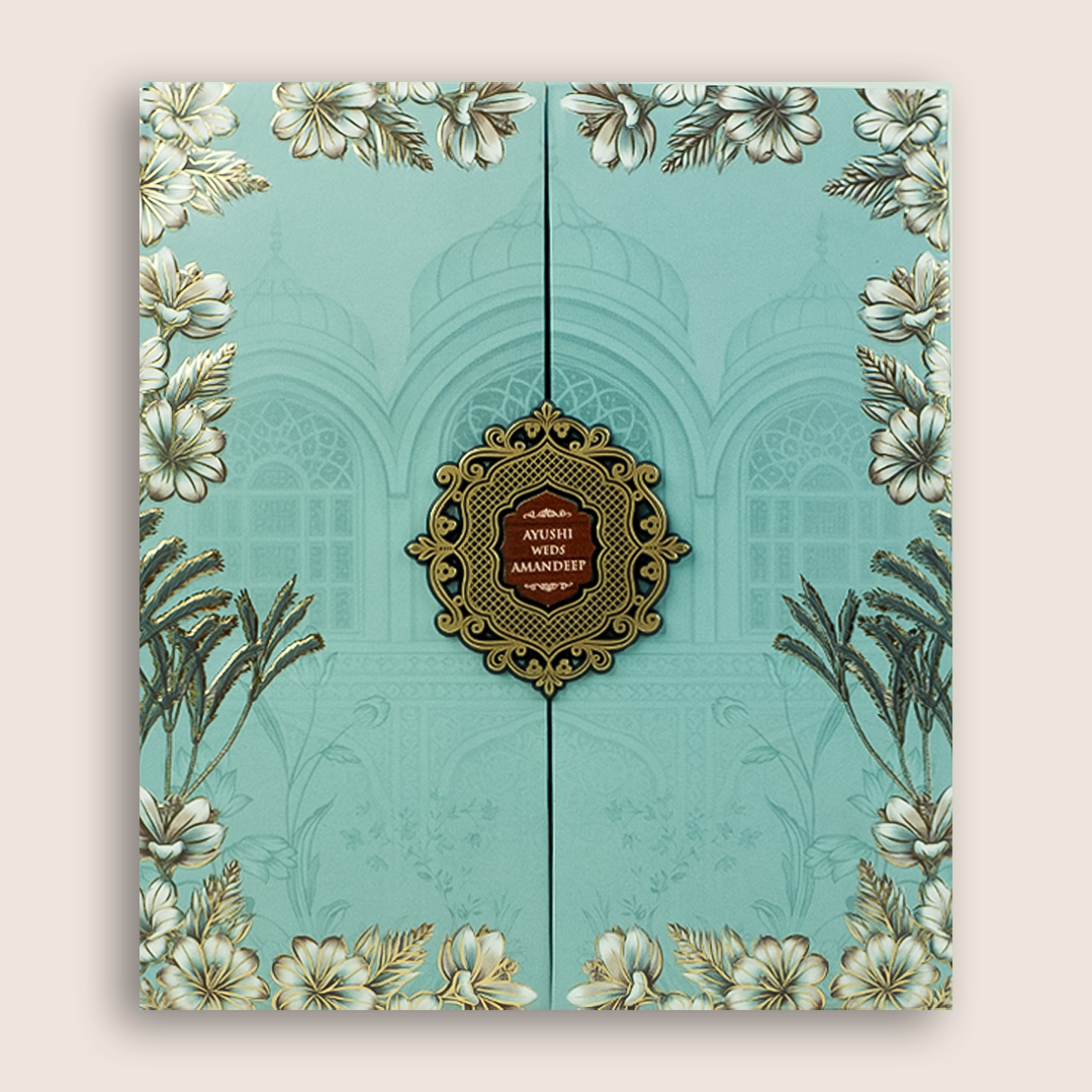 Blue Floral Door Style Wedding Card - KVN08000