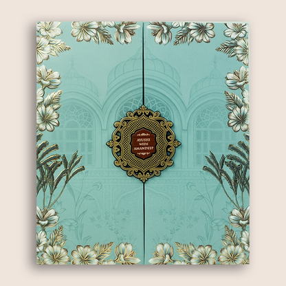 Blue Floral Door Style Wedding Card - KVN08000