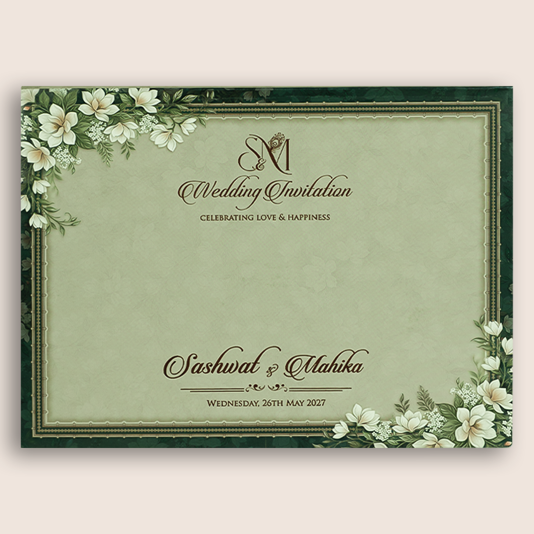 Green Floral Laser Cut Padded Wedding Card - KRE29070