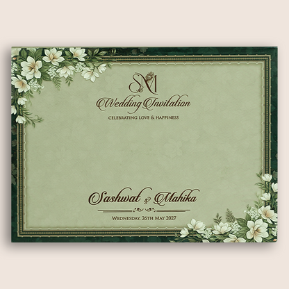 Green Floral Laser Cut Padded Wedding Card - KRE29070