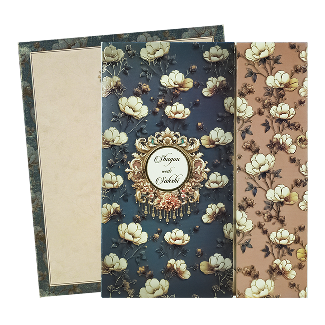 Blue Padded Floral Wedding Card-KAK01430