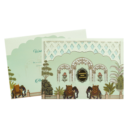Green Palace Arch Royal Elephant Wedding Card-KJTS3679