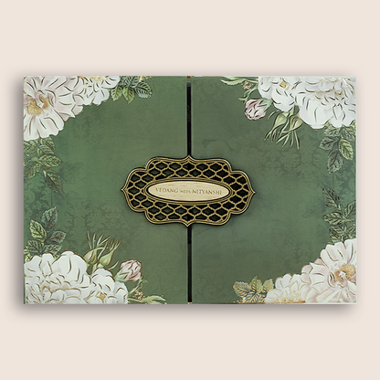 Green Floral Door Style Padded Wedding Card - KVN06550