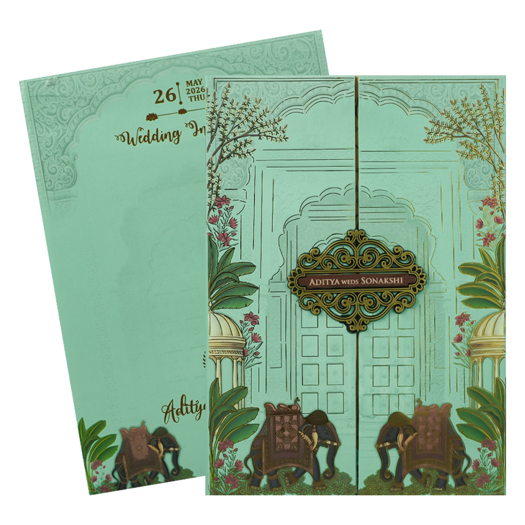 Mint Green Royal Palace Padded Wedding Card-KRE27220
