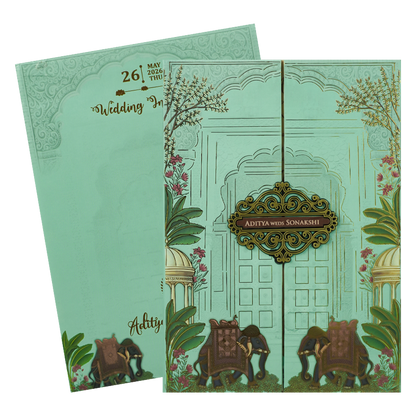 Mint Green Royal Palace Padded Wedding Card-KRE27220