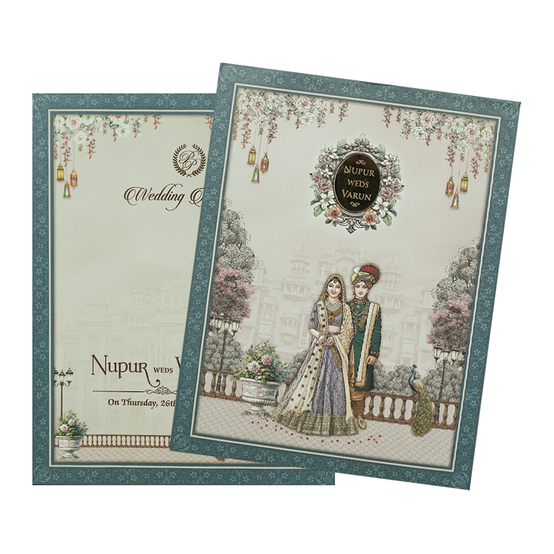 Blue Royal Couple Padded Wedding card-KRE28040