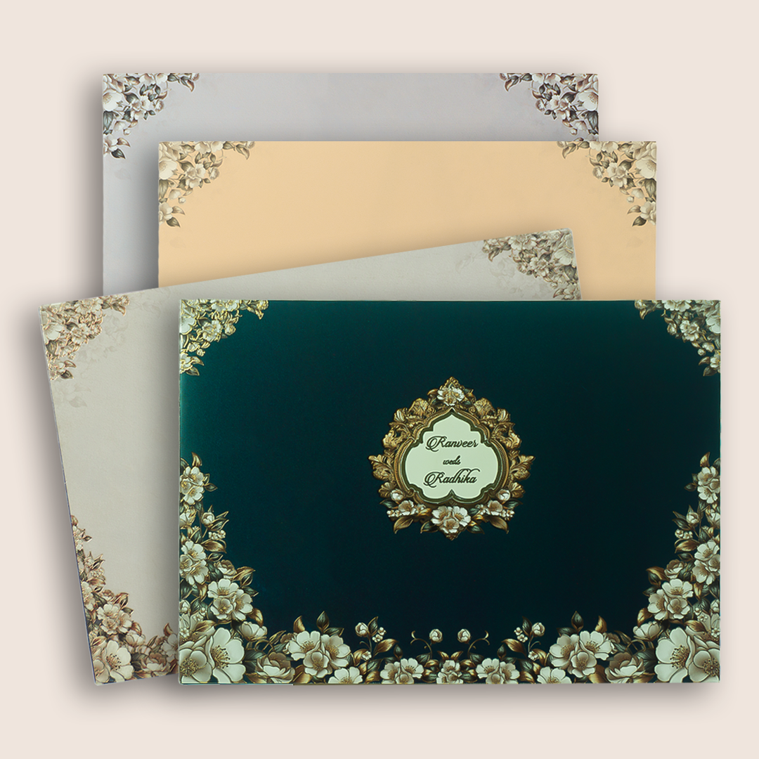 Royal Blue Floral Padded Wedding Card - KAA06130