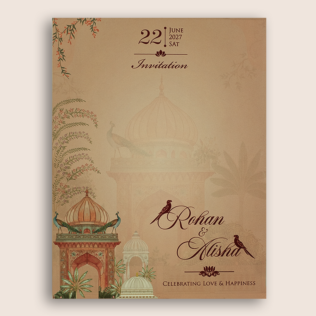 Peach Elephant Peacock Door Style Padded Wedding Card - KFR17310
