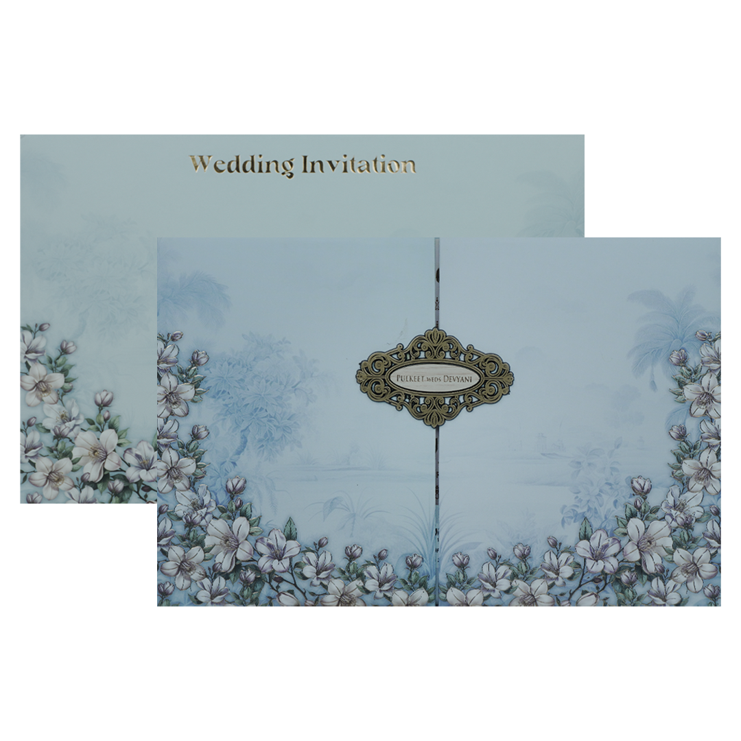 Blue Pastel Floral Padded Wedding Card-KJTS1829