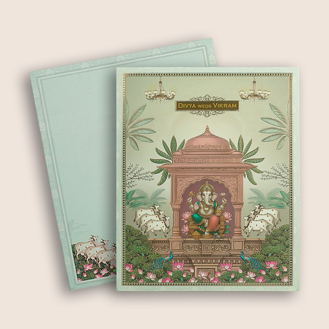 Green Lord Ganesha Temple Floral Wedding Card - KNKJ1163