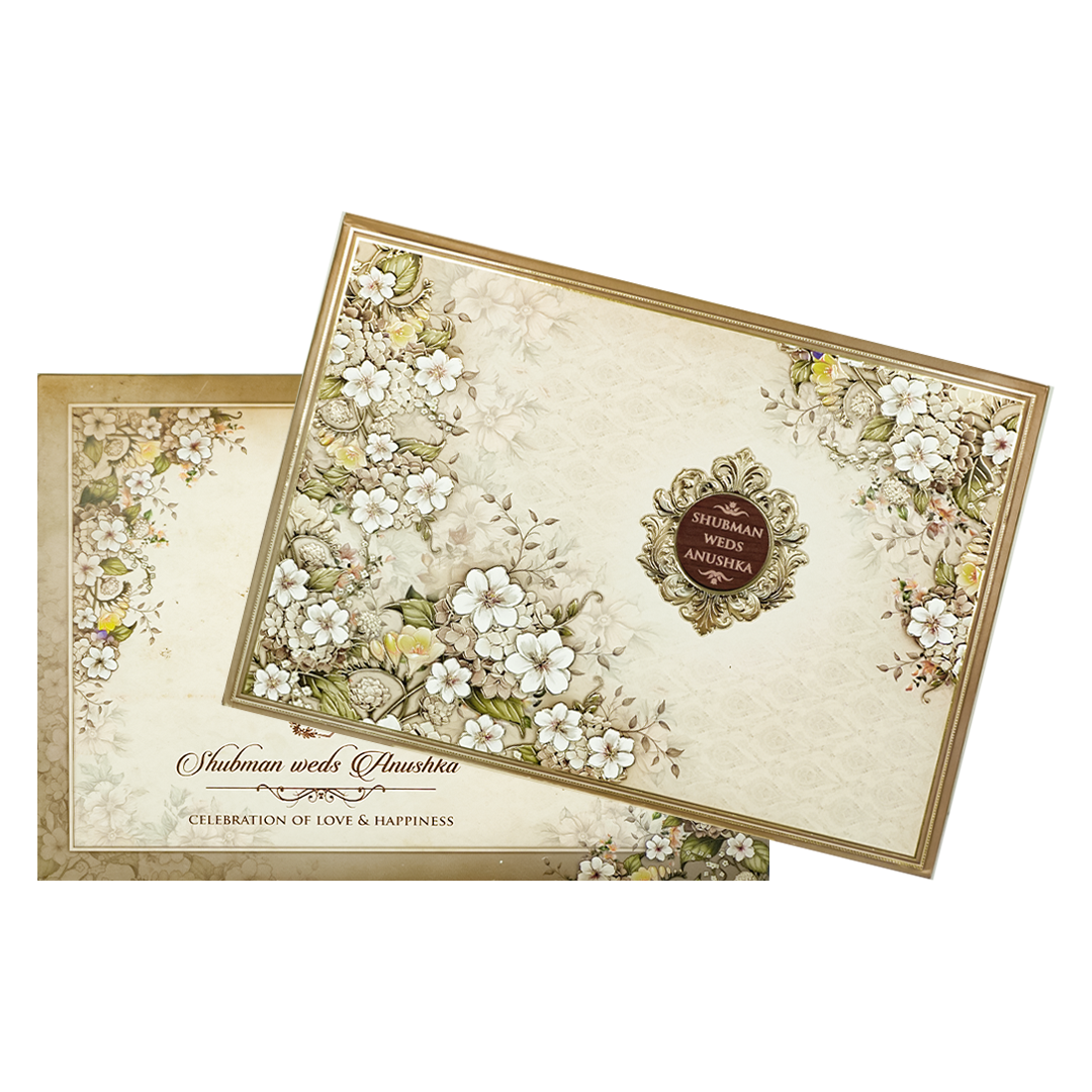 Cream White Floral Padded Wedding Card-KRB09280