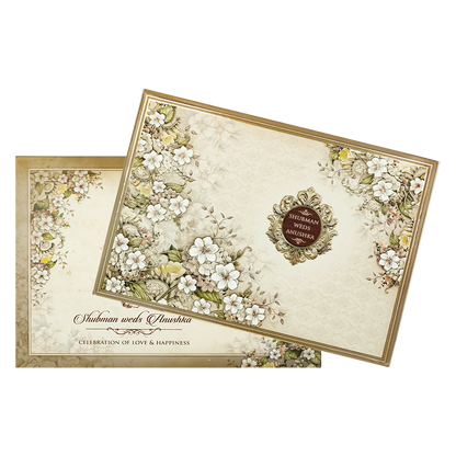 Cream White Floral Padded Wedding Card-KRB09280