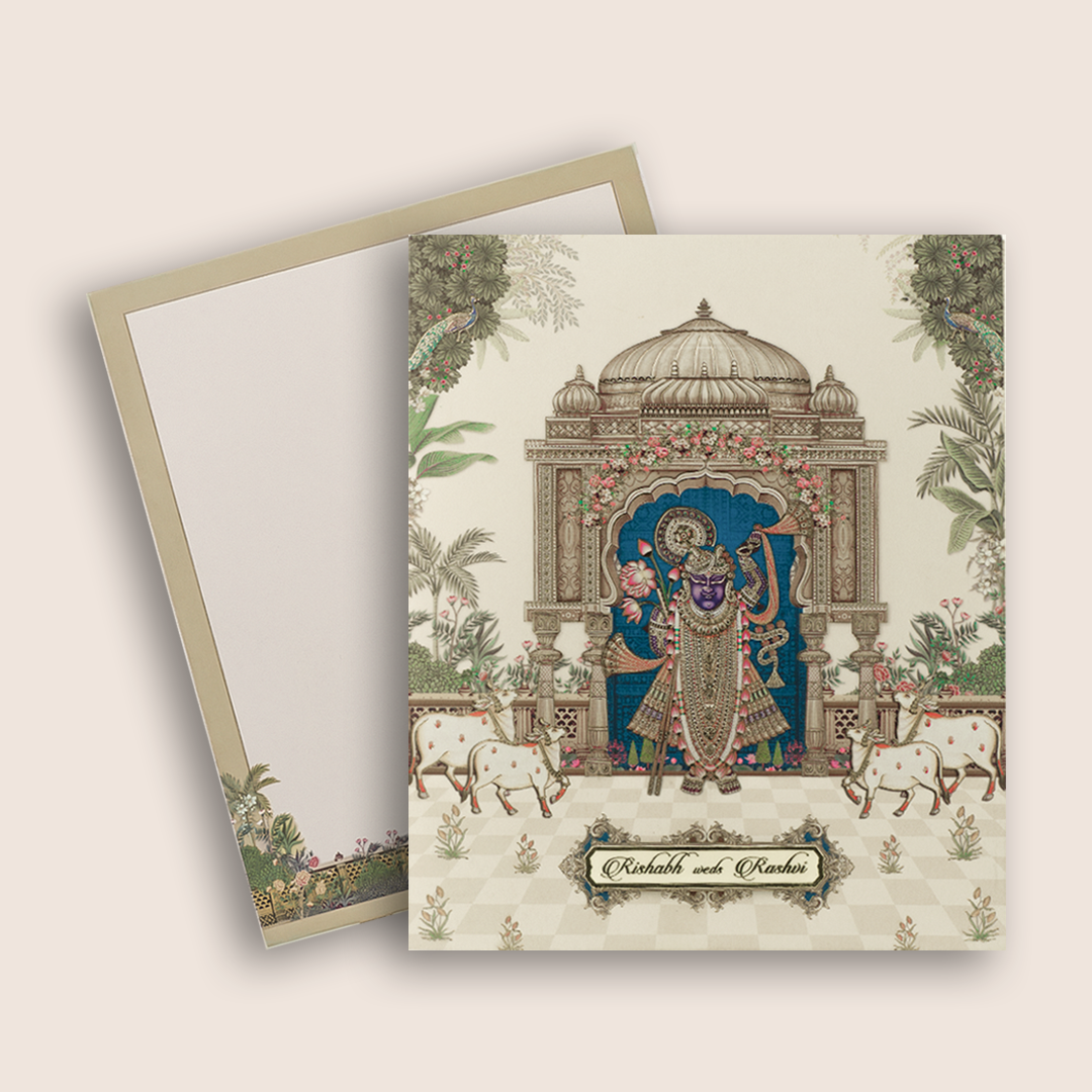 Cream Lord Shrinathji Premium Wedding Card - KAA05240