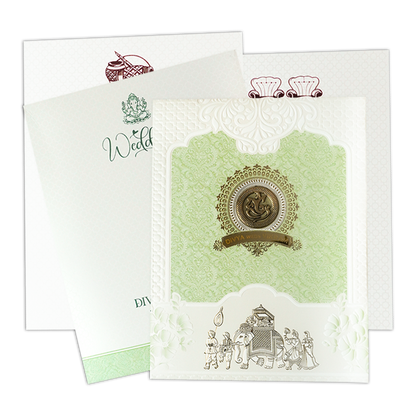 Green Embossed Procession Padded Wedding Card-KNMS9309
