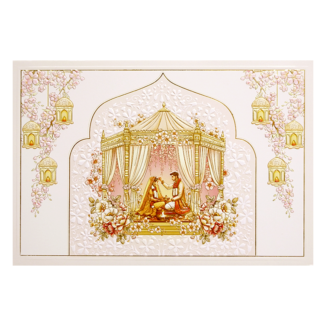 Cream Gold Mandap Floral Padded Wedding Card-KMMWD1146
