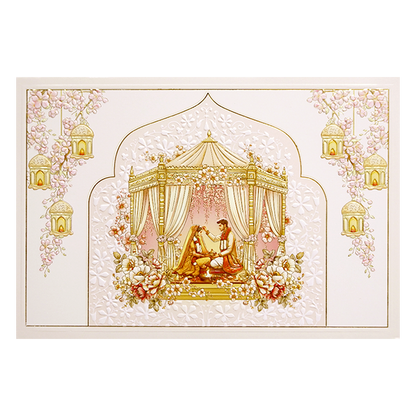 Cream Gold Mandap Floral Padded Wedding Card-KMMWD1146