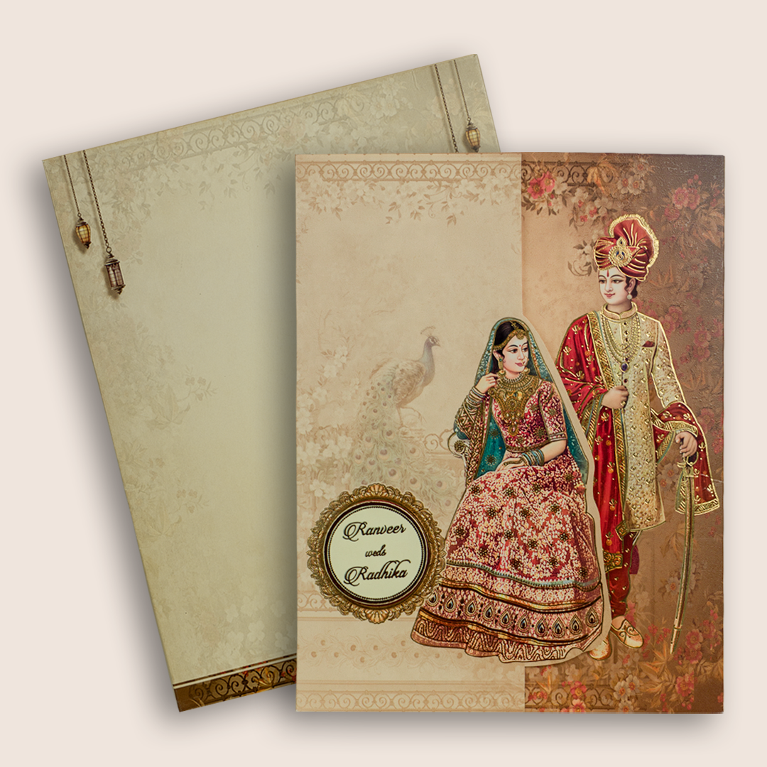 Beige Royal Bride Groom Door Style Wedding Card - KAA06350