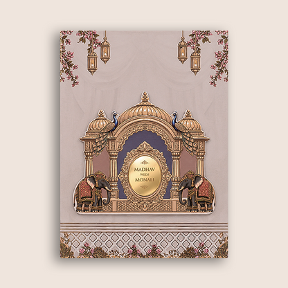 Peach Elephant Floral  Padded Wedding Card - KJTS3703