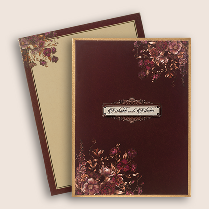 Dark Maroon Floral Padded Wedding Card - KAA05810