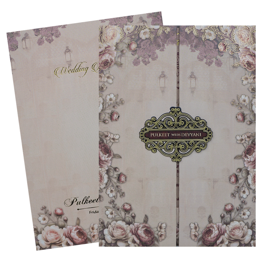 Beige Padded Floral Wedding Card-KJTS1741