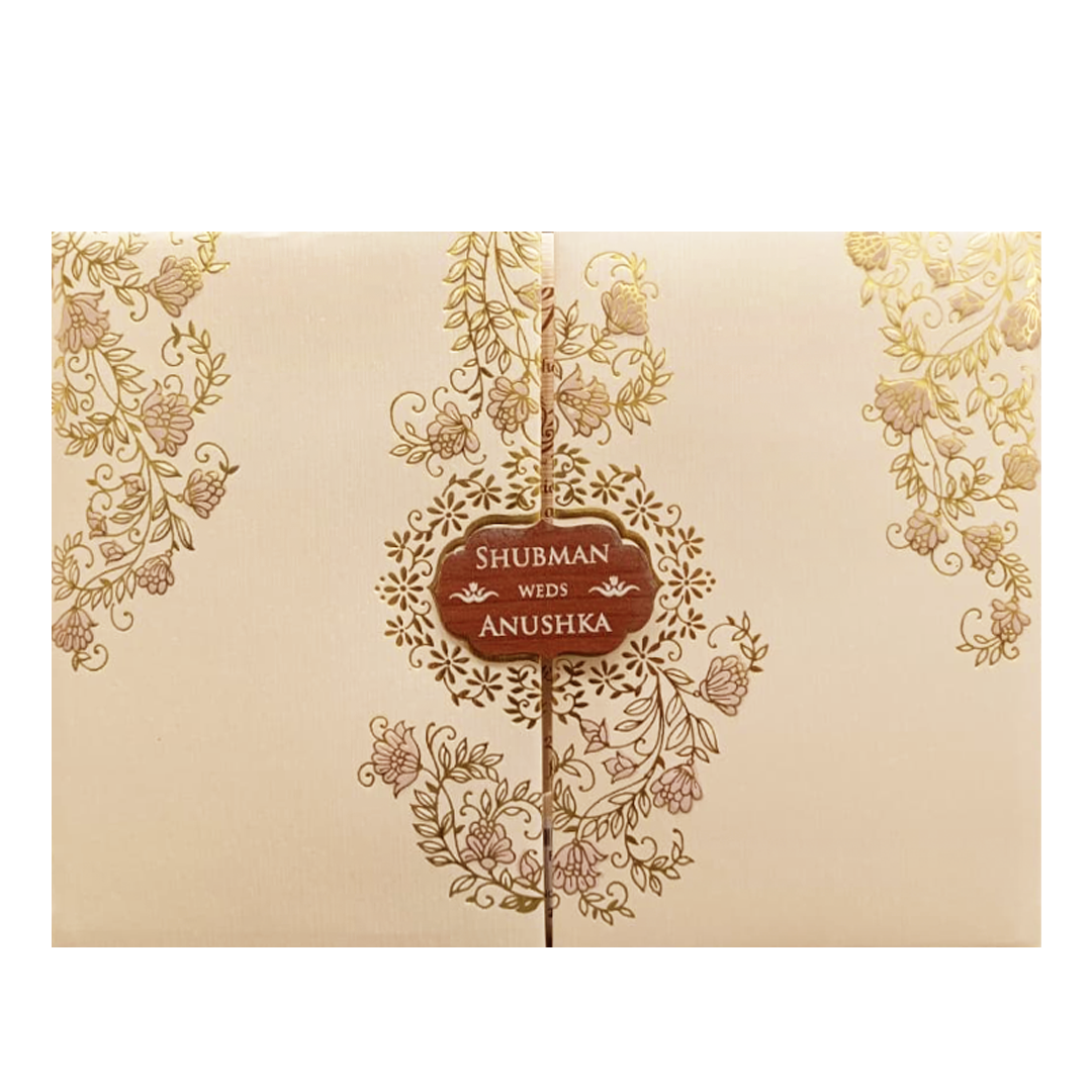 Ivory Padded Embossed Floral Wedding Invitation Card-KRB09710