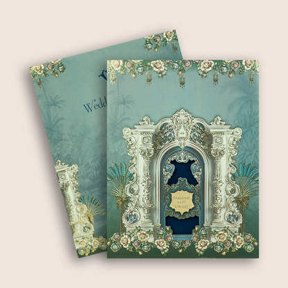 Blue Padded Floral Palace Wedding Card - KVN08010