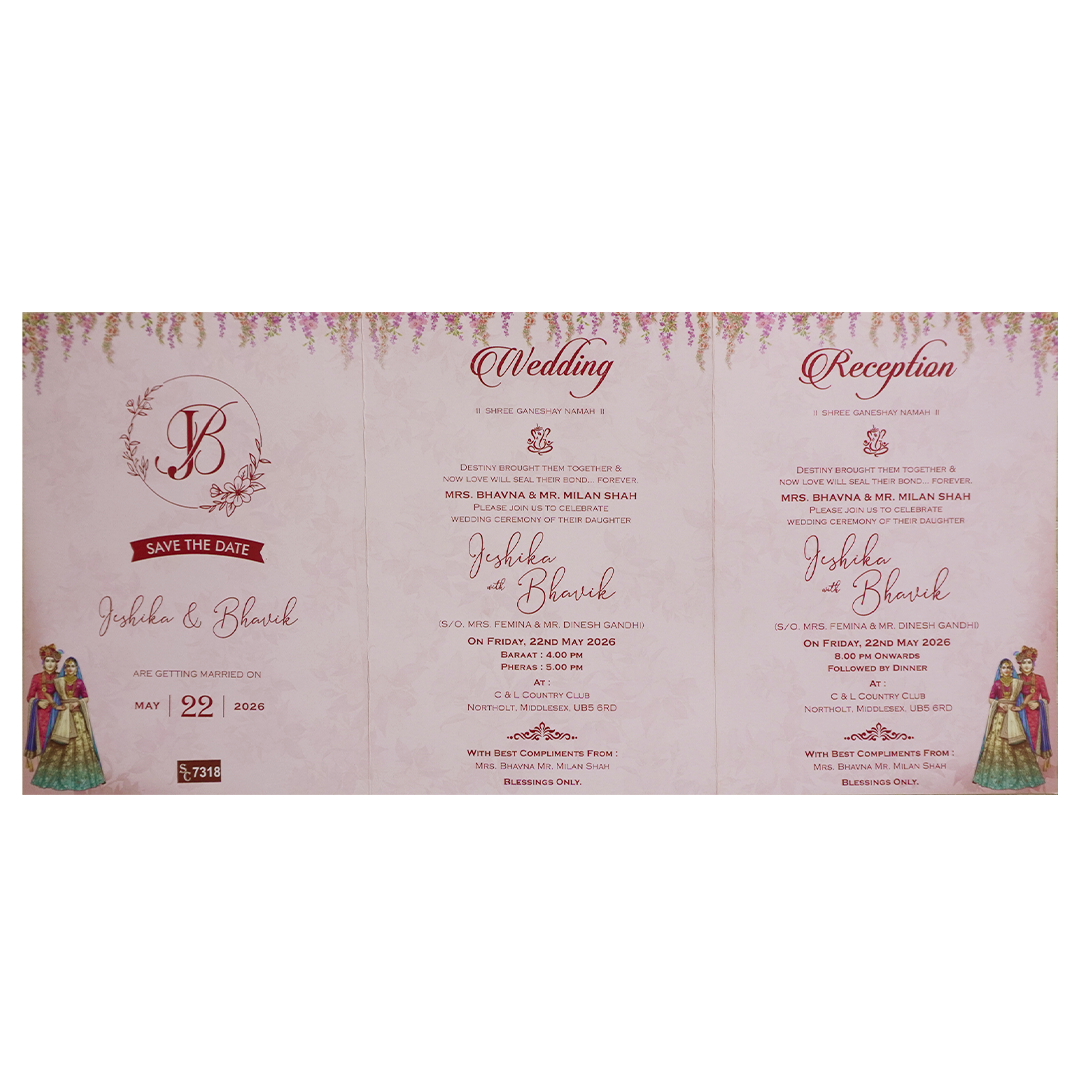Royal Pink Couple Peacock Bag Wedding Card - KSH73180