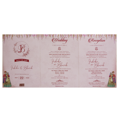 Royal Pink Couple Peacock Bag Wedding Card - KSH73180