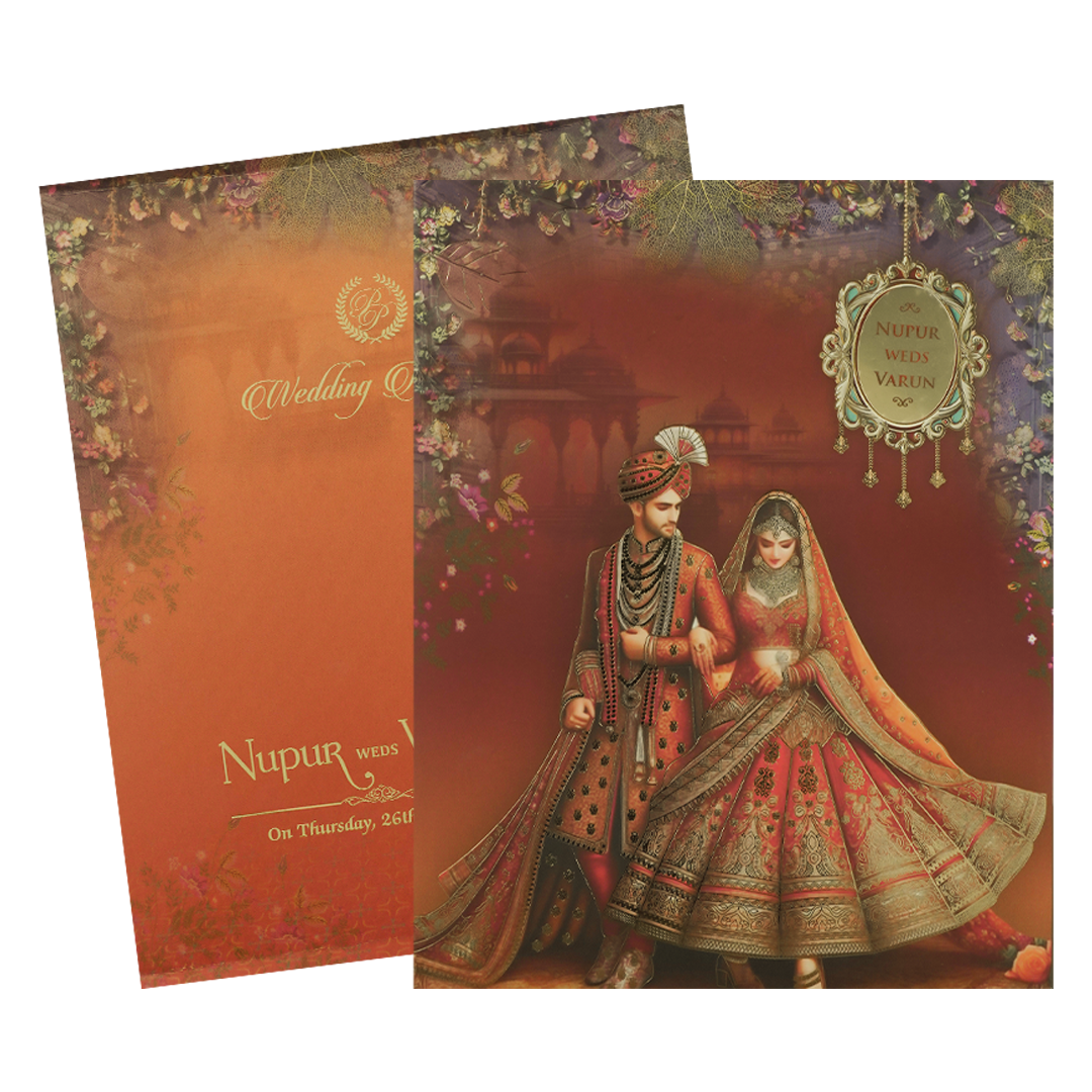 Maroon Royal Couple Padded Wedding card-KRE28030