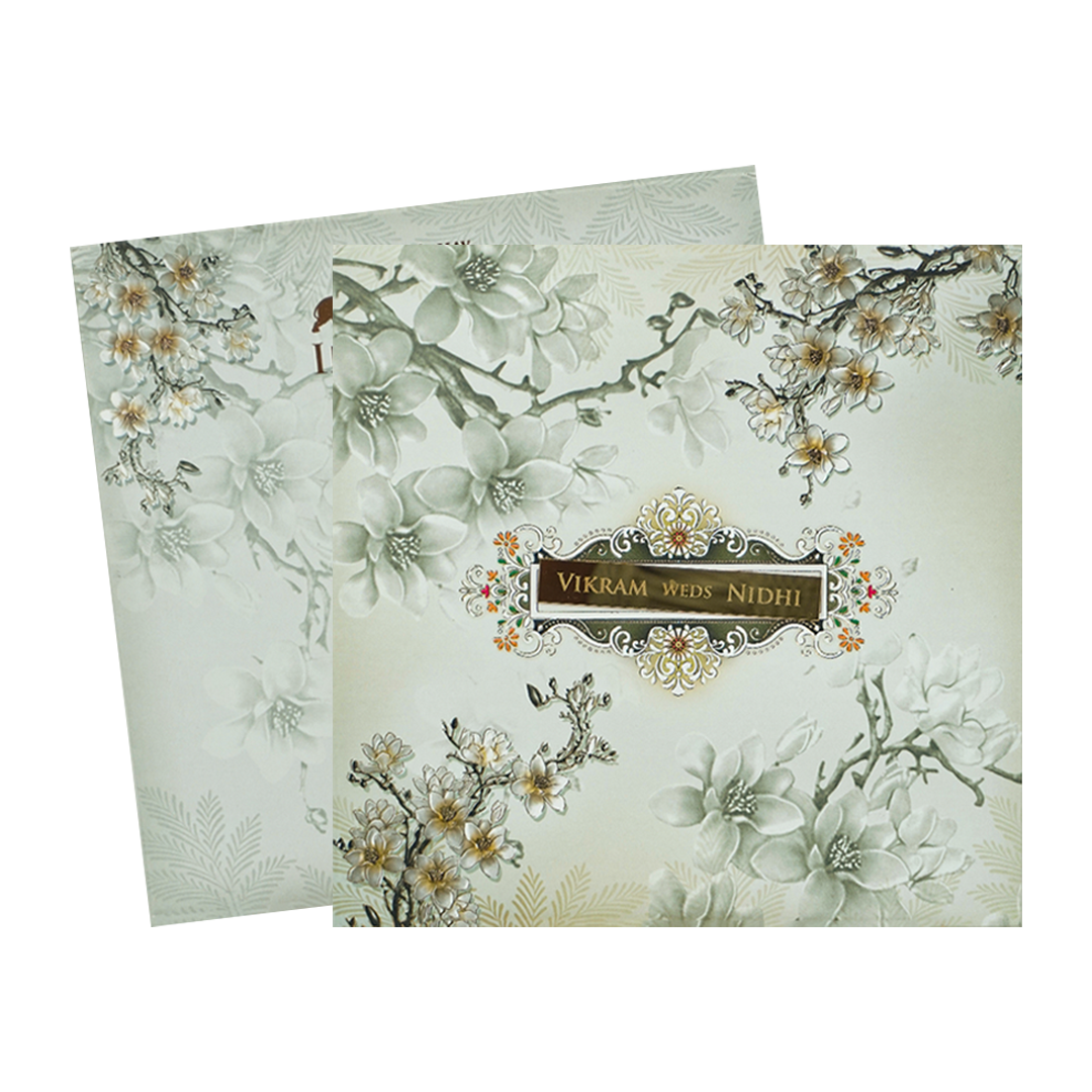 Green White Floral Padded Wedding Card-KRE26570