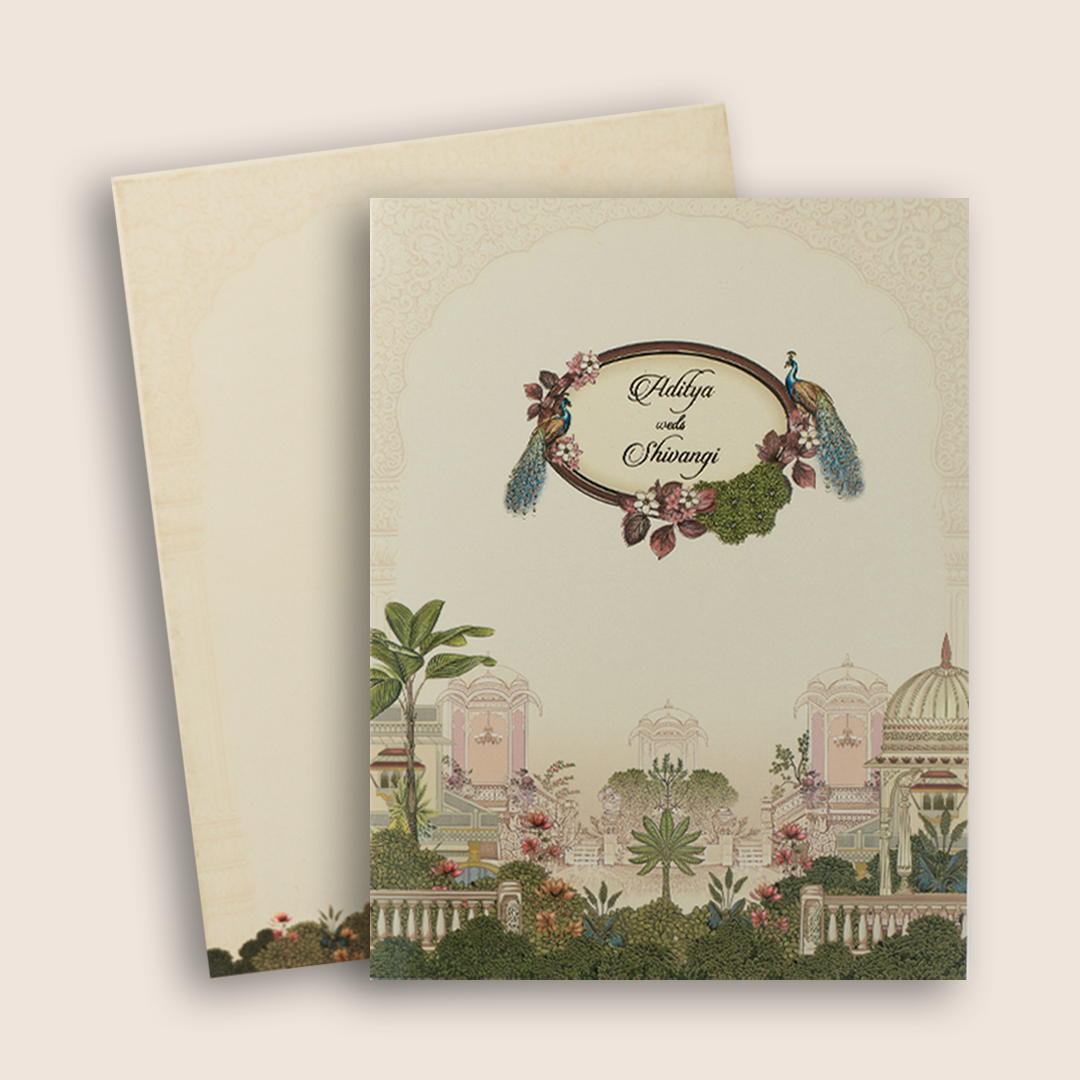 Cream Palace Peacock Wedding Card - KAA05190