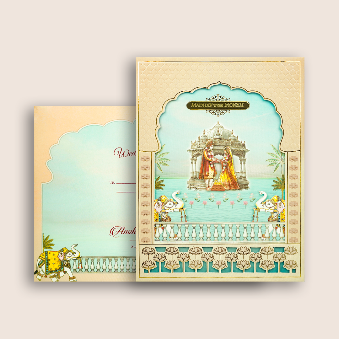 Peach Bride Groom Laser Cut Padded Marriage Card - KJTS3689