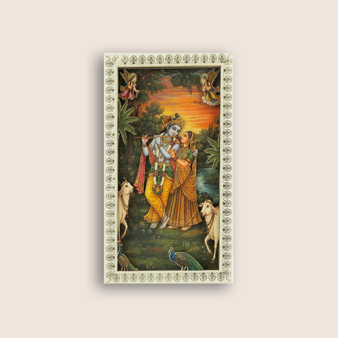 White MDF Lord Radha Krishna Laser Cut Wedding Invitation - KNLW202577