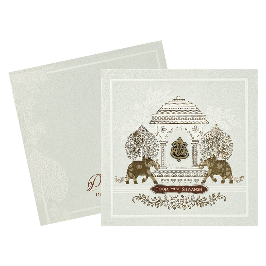 White Ganesha Elephant Wedding Card-KRE27740