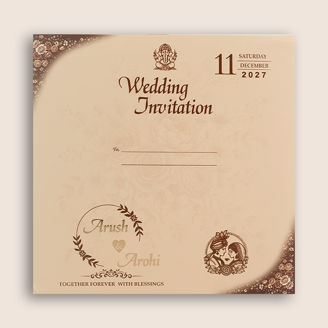Brown Floral Padded Door Style Wedding Invitation - KSH18700