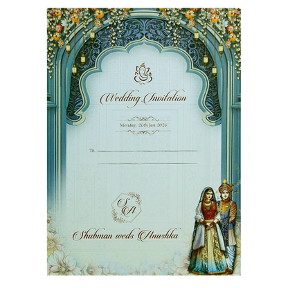 Elegant Blue Doorstyle Wedding Card-KRB09030