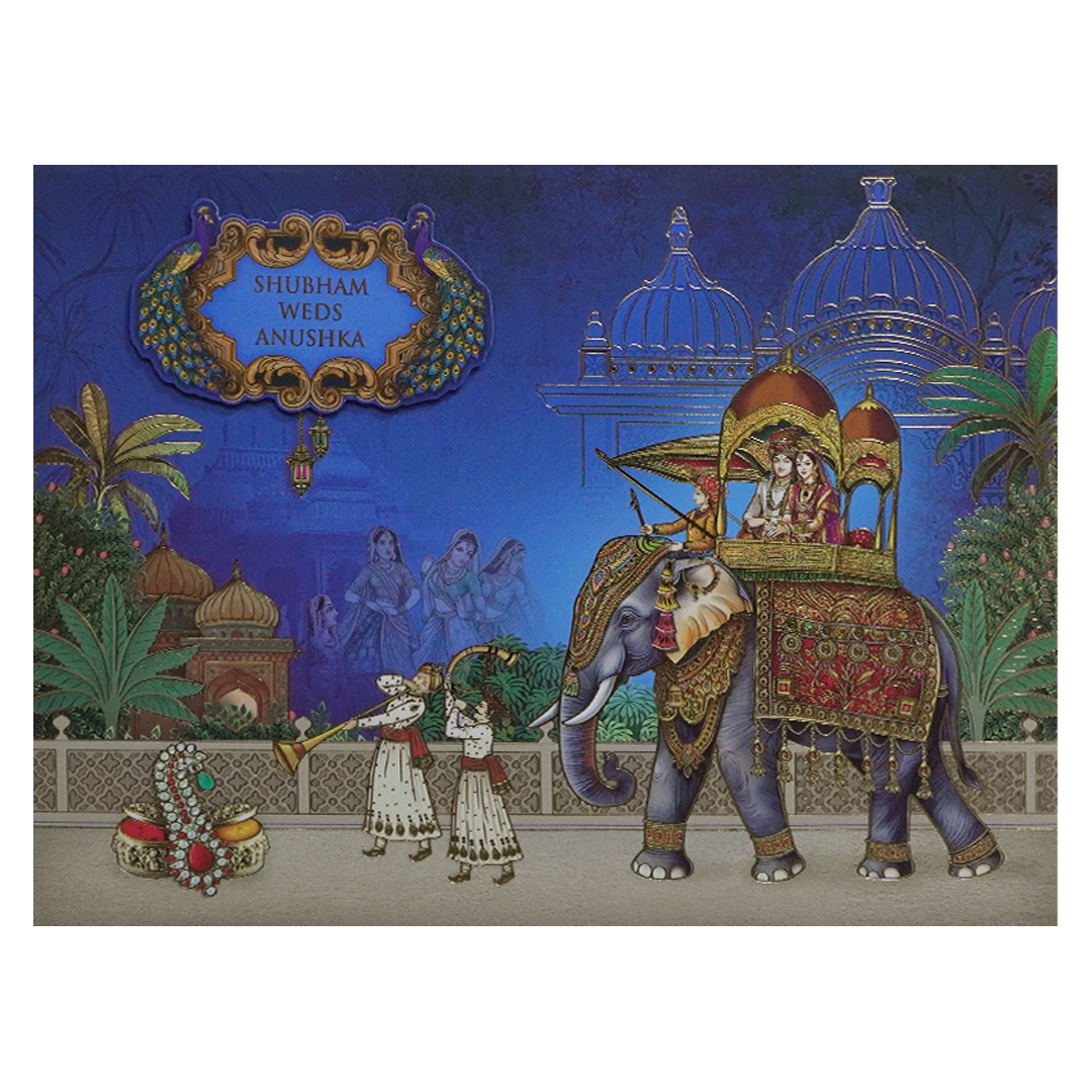 Blue Royal Elephant Padded Wedding Card - KSH73090