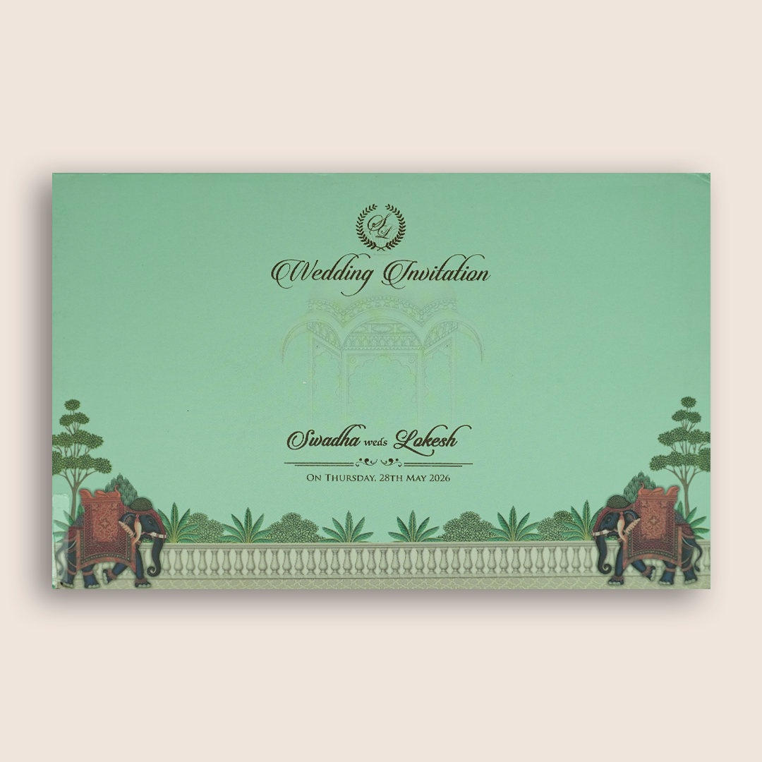 Green Bride Groom Royal Elephant Padded Wedding Card - KRE27150