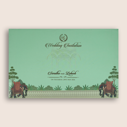 Green Bride Groom Royal Elephant Padded Wedding Card - KRE27150