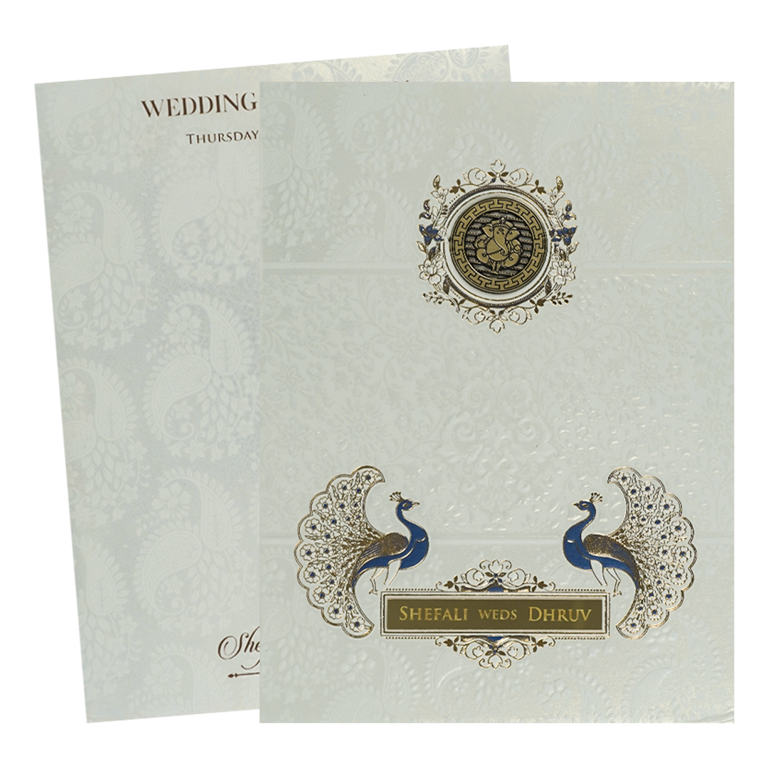 White Floral Ganesha Padded Wedding Card-KRE28170