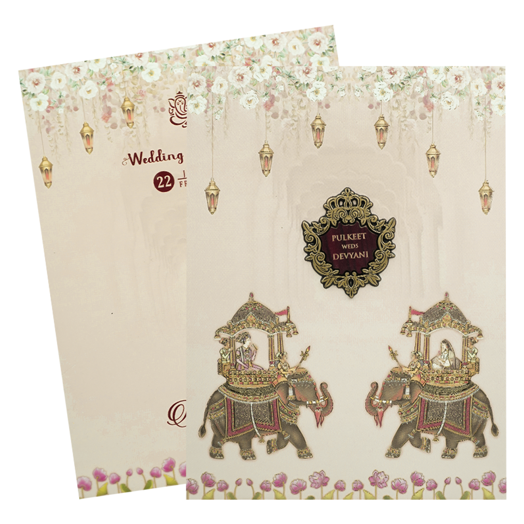 Cream Elephant Procession Padded Wedding Card-KJTS1730