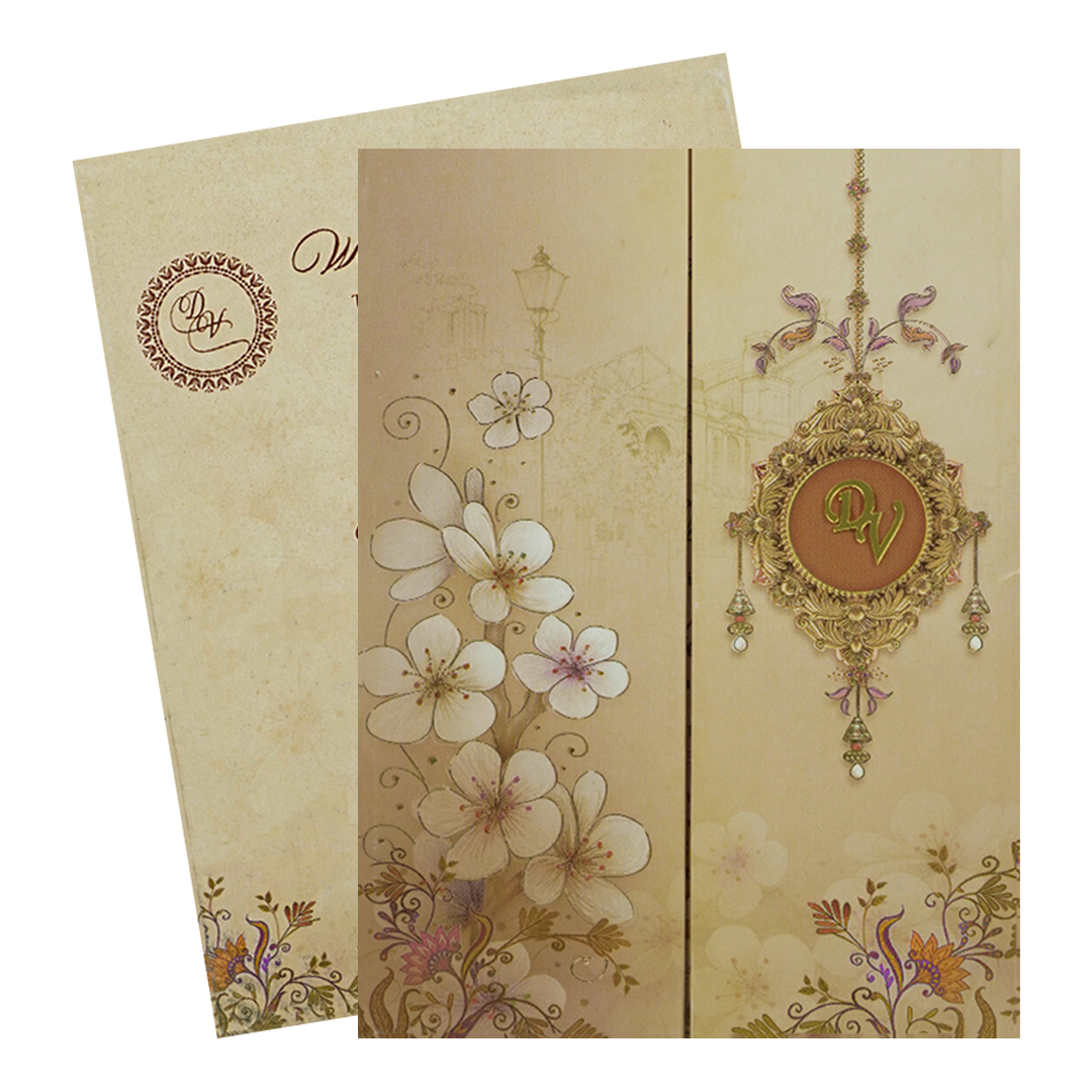 Cream Padded Door Style Floral Wedding Card-KNPO9509G