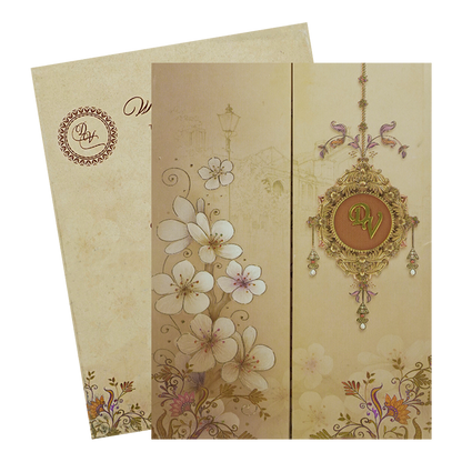 Cream Padded Door Style Floral Wedding Card-KNPO9509G
