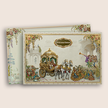 Cream Royal Horse Baraat Wedding Card - KNKT1901C