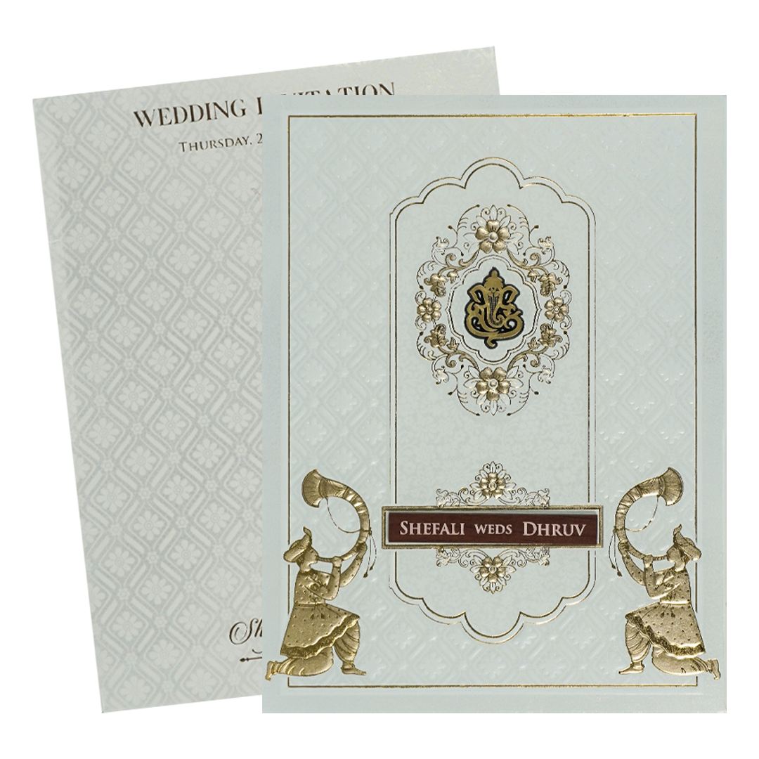 White Ganesha Floral Wedding Card-KRE28370
