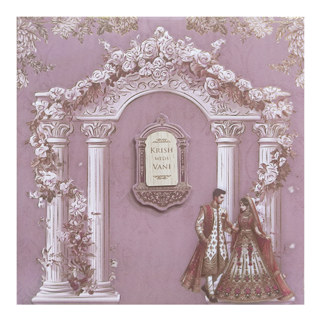 Purple  Floral padded Pillar Wedding Card -KVN07530