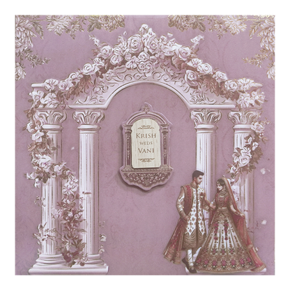 Purple  Floral padded Pillar Wedding Card -KVN07530