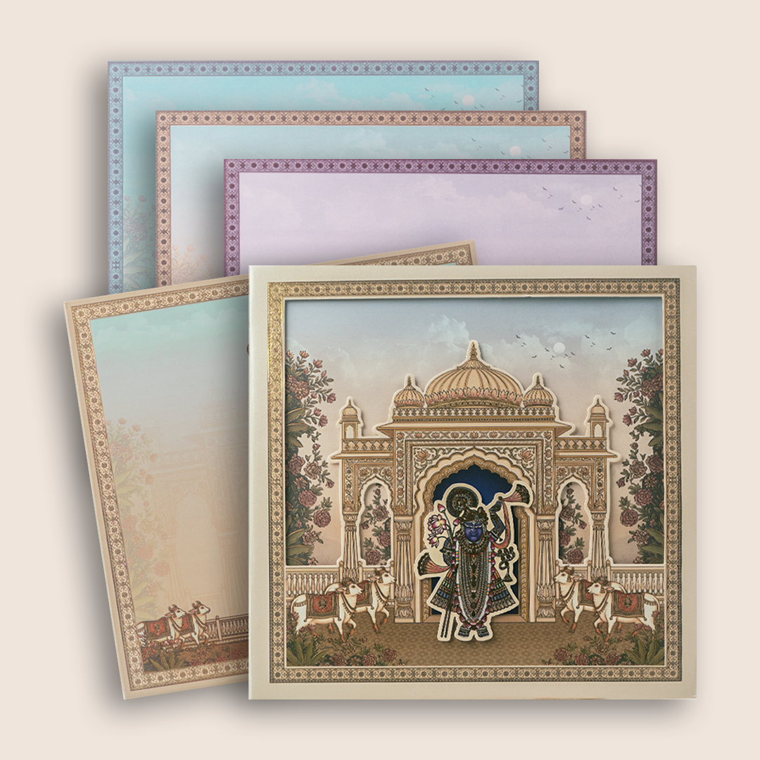 Cream Lord Shrinathji Laser Cut Padded Wedding Card - KAA06210