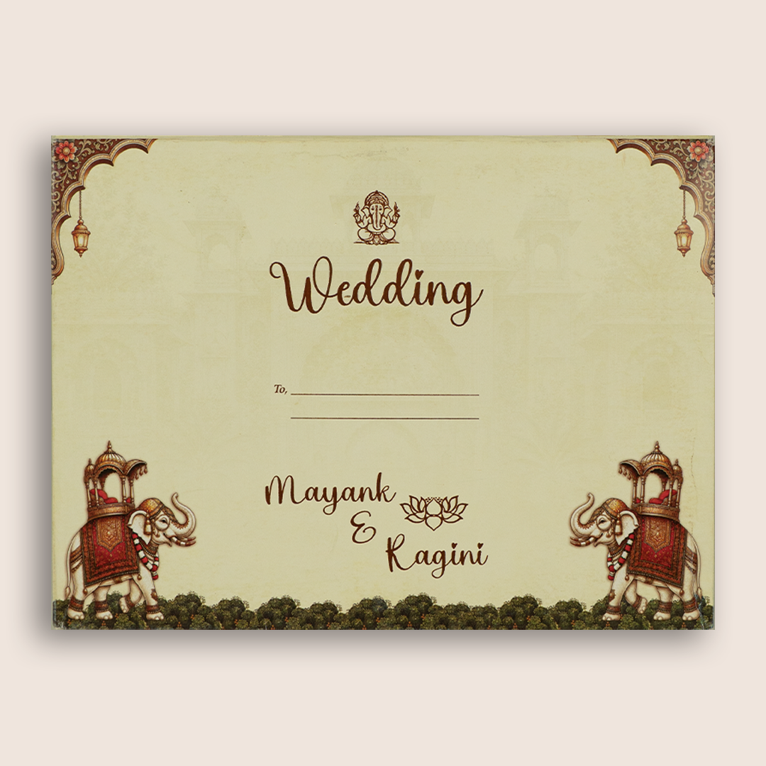 Beige Royal Elephant Door Style Wedding Card - KSH18890