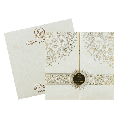 White Floral Embossed Padded Wedding Card-KRE26490
